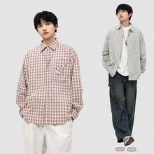 ATBORDER2024春季日系翻领格子衫不规则设计感休闲百搭长袖衬衫男