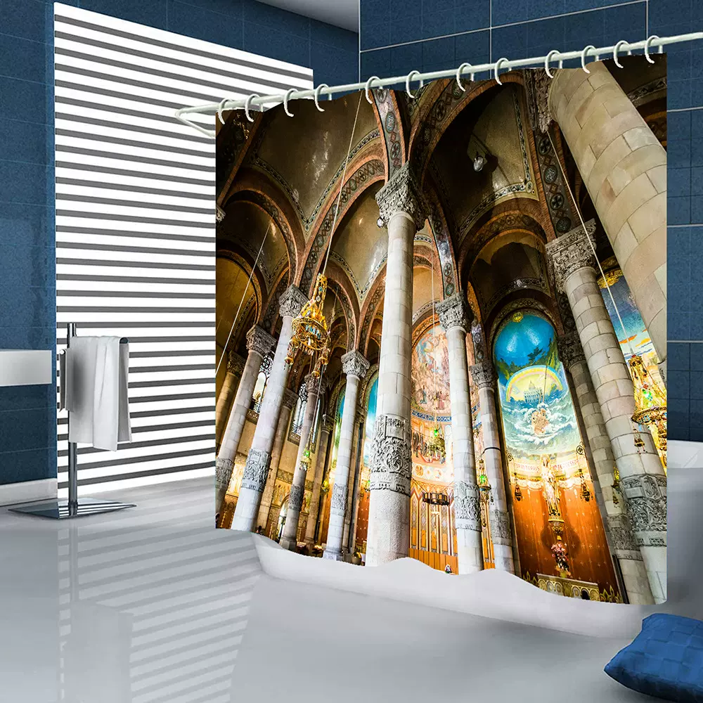 古建筑现代跨境专供亚马逊数码印花浴帘免打孔套装浴室帘浴罩浴帐