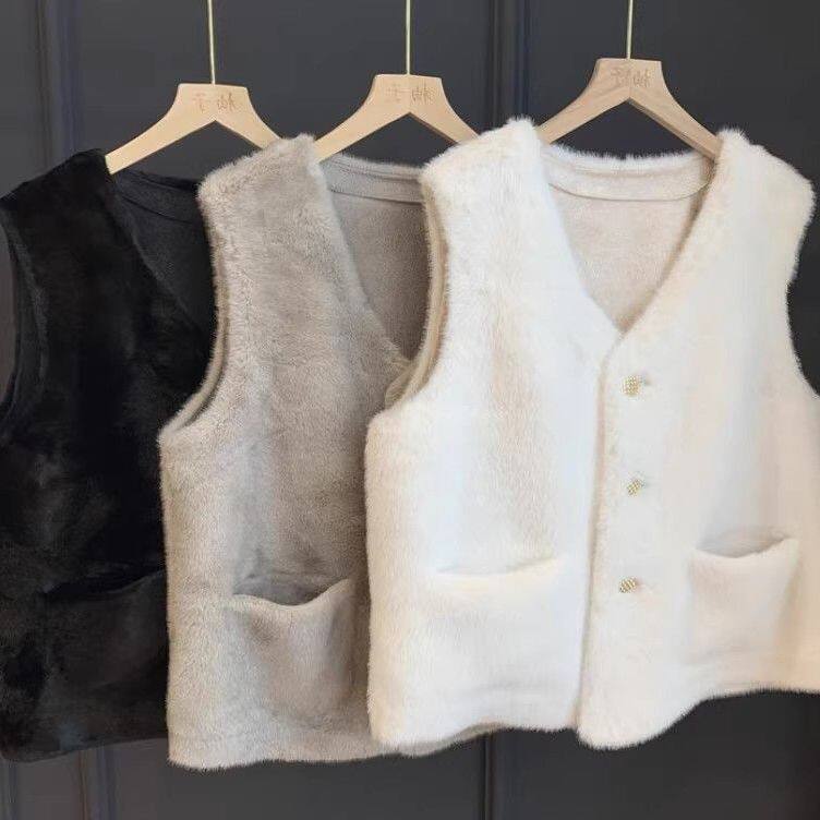 Áo vest nữ phối lông cừu cổ chữ V dáng ngắn mặc ngoài mùa đông — màu xám nhạt, đen
