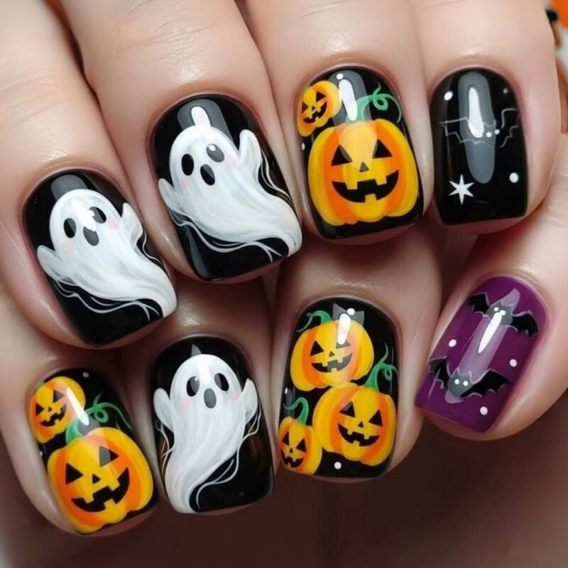 Halloween Cute Ghost Pumpkin Bat Design 24-Piece European and American Fashion Fake Nails