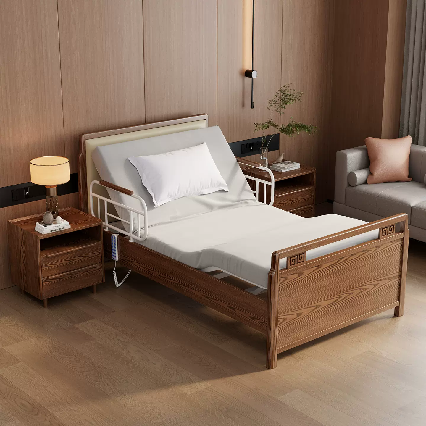 实木老人床家用养老院多功能电动手摇床病人带护栏升降护理床