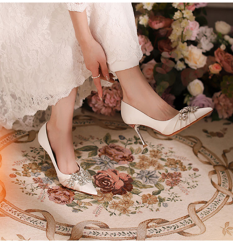 H-18 High Heels Wedding Banquet Women Elegant Stiletto Sexy Bridesmaid Pointed Toe Style White Large Size Single_vogvips.com