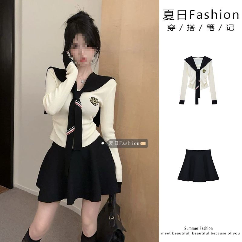 Женский комплект из двух предметов в британском стиле на осень и зиму, темно-синяя футболка с вышивкой на воротнике, юбка-пачка средней длины с высокой талией, облегающий топ.