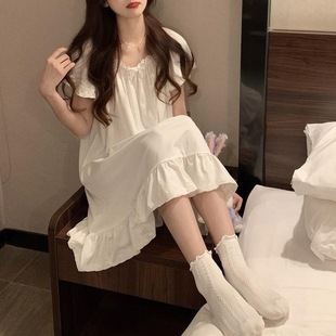[Free Shipping] Princess Style Pajamas Women's Short-Sleeved Summer Nightgown Loose and Cute One-Line Collar Micro-Business Live Broadcast Home Clothes