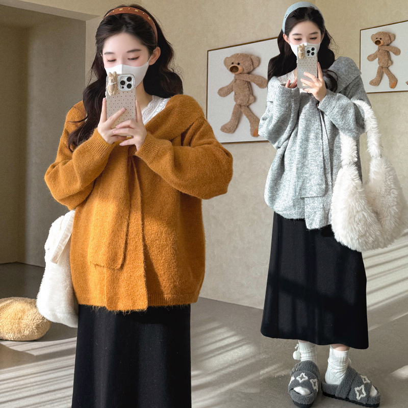 孕妇秋冬新款外穿花边领系带套头毛衣百搭直筒半身裙甜美显瘦套装|undefined
