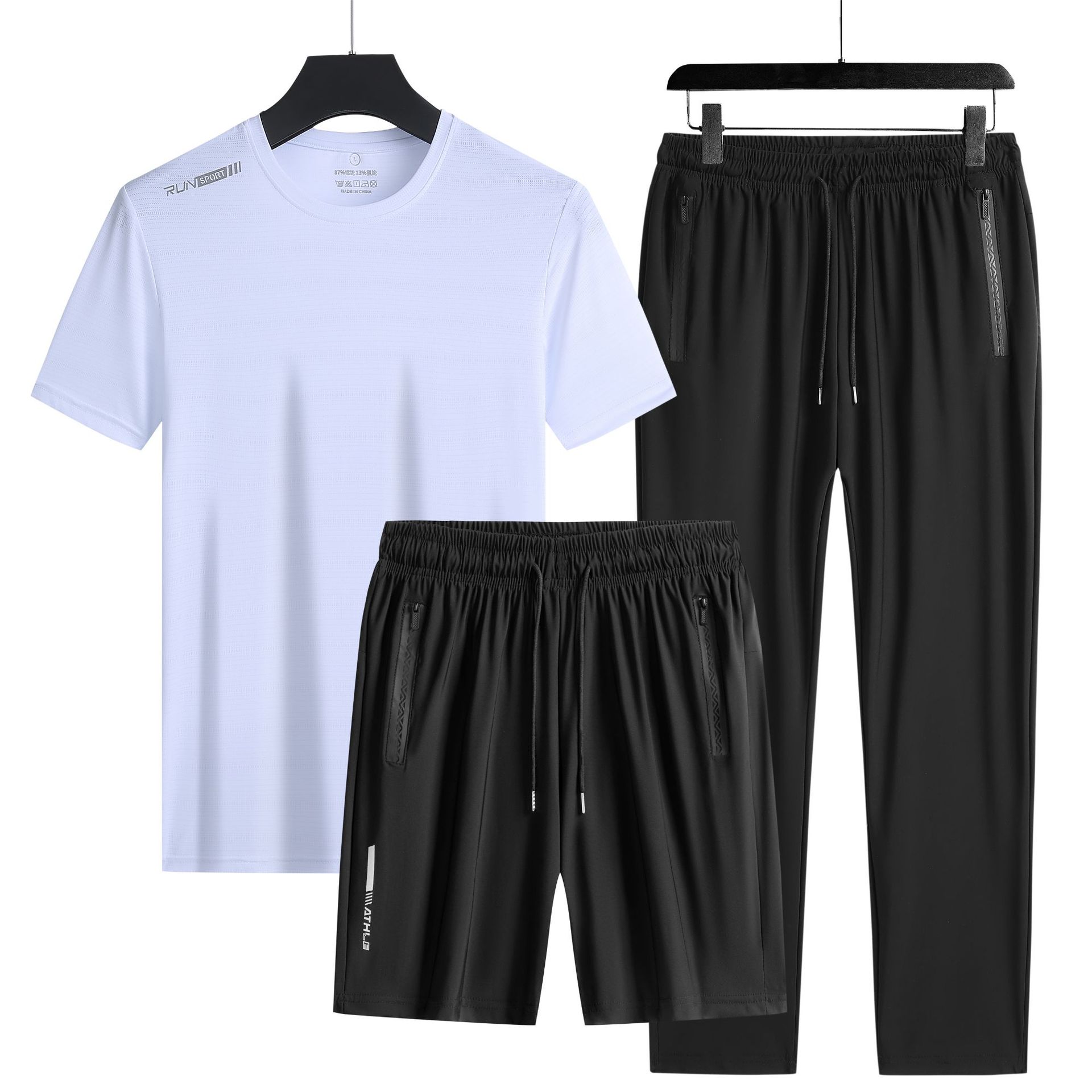 Trajes deportivos transfronterizos para hombres de verano de seda de hielo de manga corta de mediana edad, pantalones rectos para padres de tres piezas de secado rápido