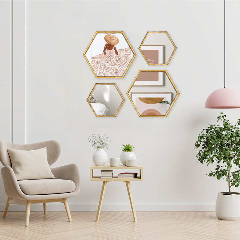 Brand New In-Stock Hexagonal Decorative Mirror, Retro Simple Bamboo Mirror Four-Piece Set, Decorative Mirror for Home, Simple Wall-Mounted Mirror