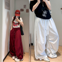 レースステッチ中空ワイドレッグパンツおばあちゃん夏巾着ハイウエストデザインアイスシルクカジュアルパンツ