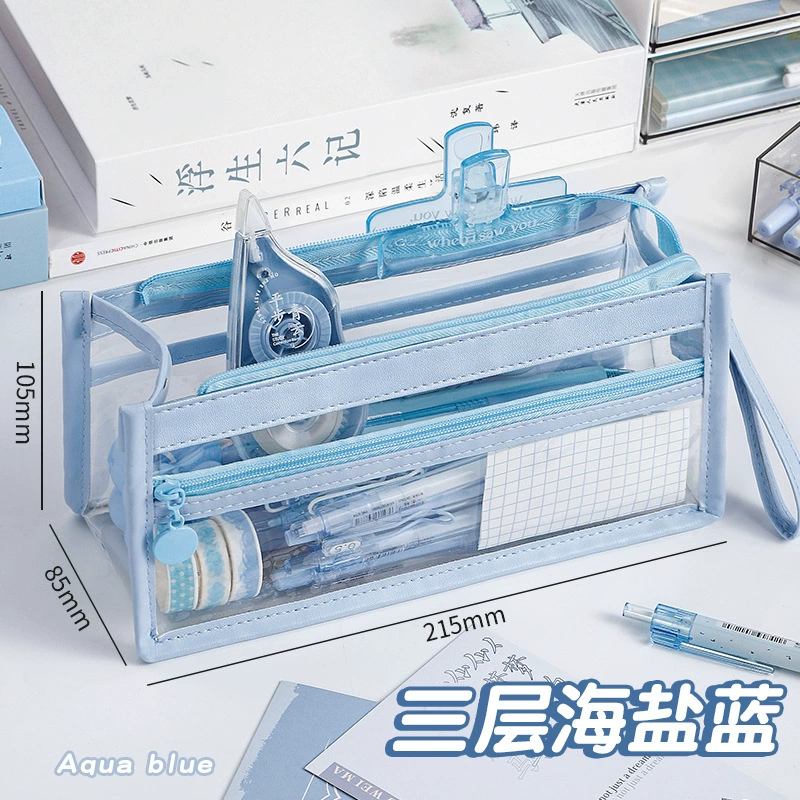 Capacious Clear Pencil Case, Three-Layer PU Trim, 80-Pen Capacity, Wrist Strap
