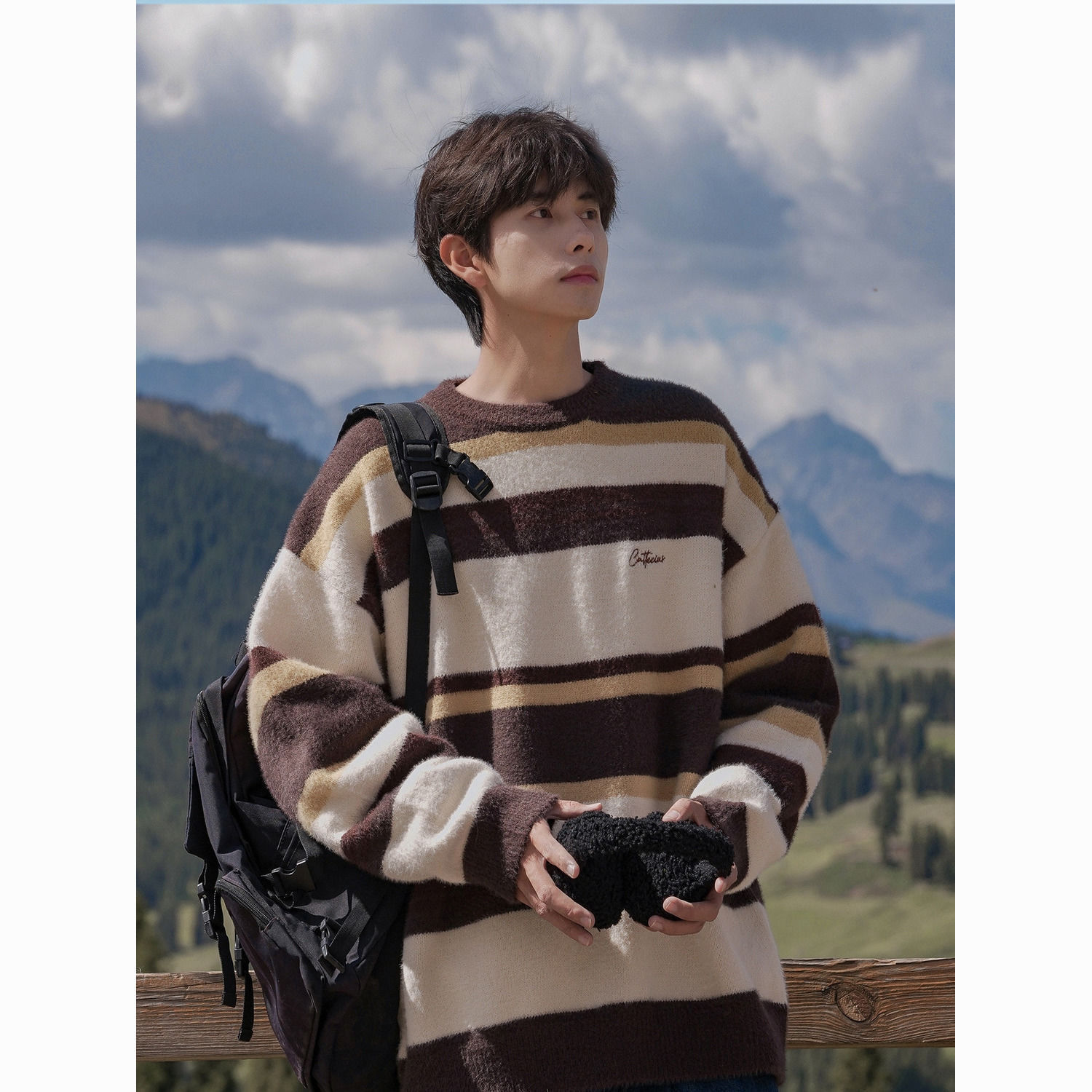 Colorblock Striped Crewneck Sweater Winter American Style vintage Loose Pullover Knitwear Casual Style Men's Jacket