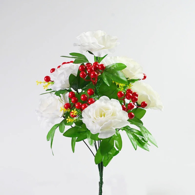 Simulación de rosas 12 cabezas 6 frutas de jaula para la mesa de comedor balcón flores falsas flores falsas decoración flores falsas