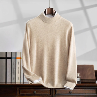 2025 New Winter Pure Cashmere Sweater for Men, Half Turtleneck, Thick Pullover Knitwear, Casual Loose Inner Sweater for Men