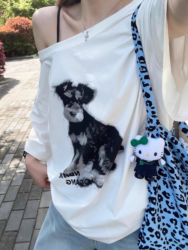 [綿92、スパンデックス8] オフショルダー半袖Tシャツ レディース 夏 子犬プリント ゆったり カジュアル レイジー オフショルダー トップス|undefined
