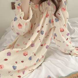 韩国chic外贸女士春季新韩版睡裙花边长袖连衣裙女卡通印花家居服