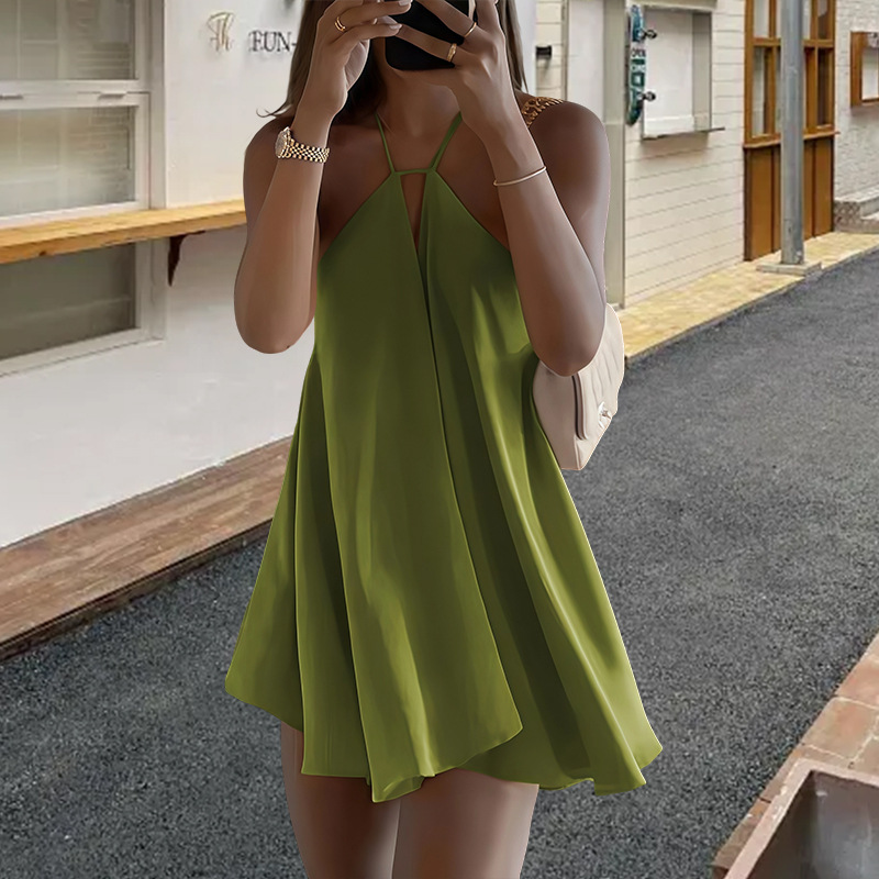 Women's Sexy Deep V Neck Backless Halter Neck Loose A-Line Dress European American Style 2025 Cross Strap Dress_ecoleips.com