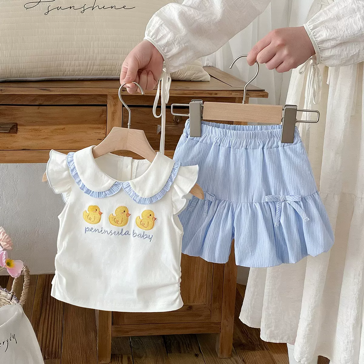 女宝宝夏季新款短袖短裤套装女孩飞袖上衣薄款两件套女童夏季衣服