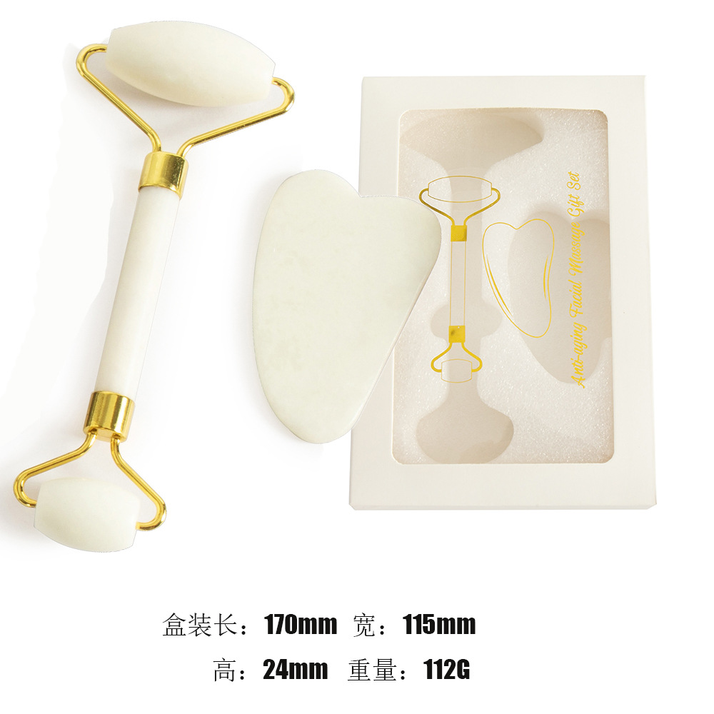 Juego de tres piezas de rodillo de jade natural y tabla de gua sha, dispositivo de belleza para masaje facial, lámina de gua sha facial, fabricante de rodillos de jade