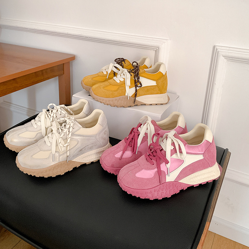 Cowhide Version ~ 8cm Height-Increasing Moral Training Shoes for Women in Spring and Summer, Versatile Small Breathable Casual Sports Dad Shoes