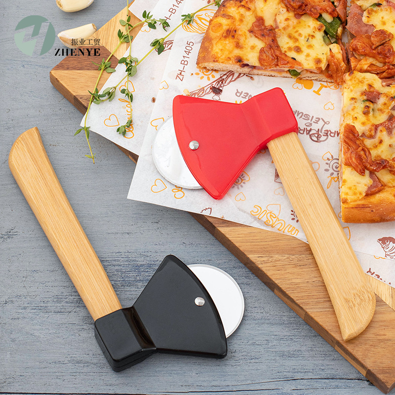 不鏽鋼斧頭型切披薩刀木柄pizza切刀 介餅器烘培小工具單輪切餅刀