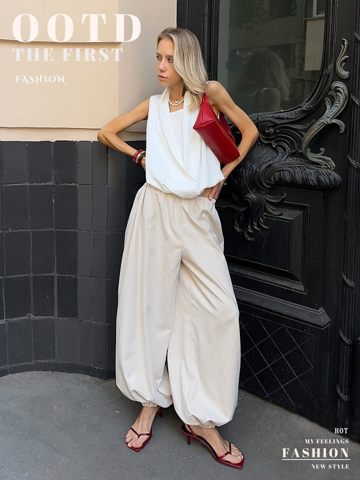 Quần harem ống rộng cotton dáng lửng lưng vừa phong cách đường phố — Màu hồng, Màu kaki, Màu mơ, Màu xanh da trời chi tiết 2