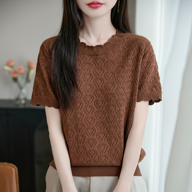 Wholesale summer new women's top full solid color cotton sweater short sleeve women's T-shirt women's round neck vest hook flower foreign trade