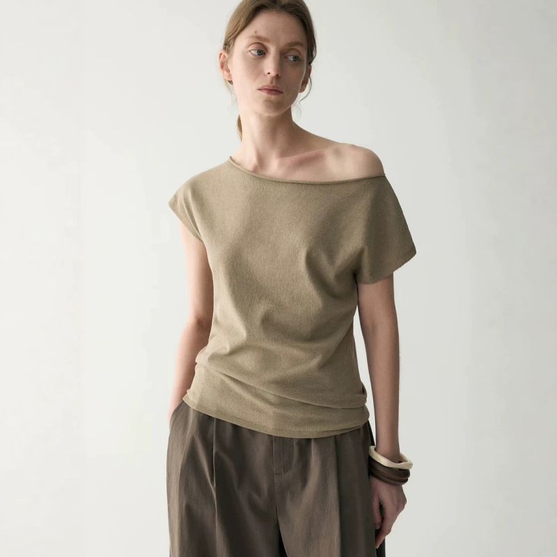 Insis Femme Casual Style Tencel Linen T-Shirt for Women, New Summer Style with Small Flutter Sleeves, Knitted Pullover for Women Insis Femme Casual Style Tencel Linen T-Shirt for Women, New Summer Style with Small Flutter Sleeves, Knitted Pullover for Women