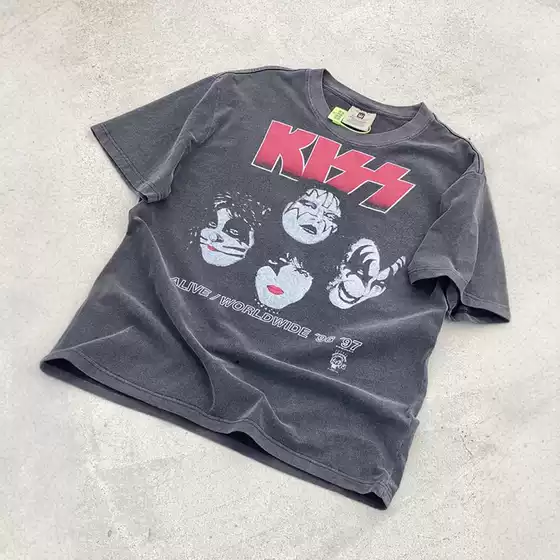 Kiss Rock Band Retro Old Short-sleeved vtg High Street American Casual Cotton T-shirt Rose Park Caiying Same Style