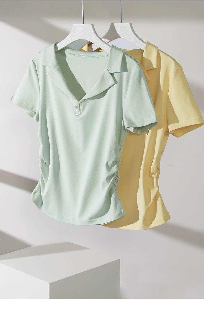 Cream Polo Collar Short Sleeve T-Shirt for Women