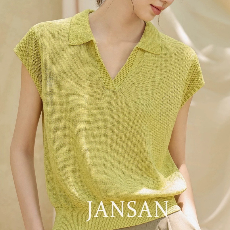 Mulberry Silk and Paper Yarn, Dry and Breathable Polo Collar V-Neck Knit Short-Sleeve T-Shirt for Women