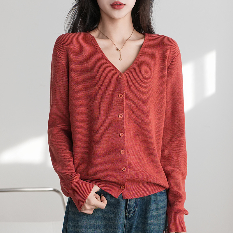 Spring 25 New Pure Cotton V-neck Knitted Cardigan Long Sleeve Solid Color Loose All-match Elegant Jacket for Women