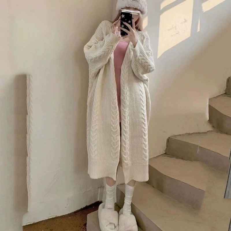 Свитер, куртка, дизайн вязанный длинный кардиган, для подростков,Oversize, свободный крой