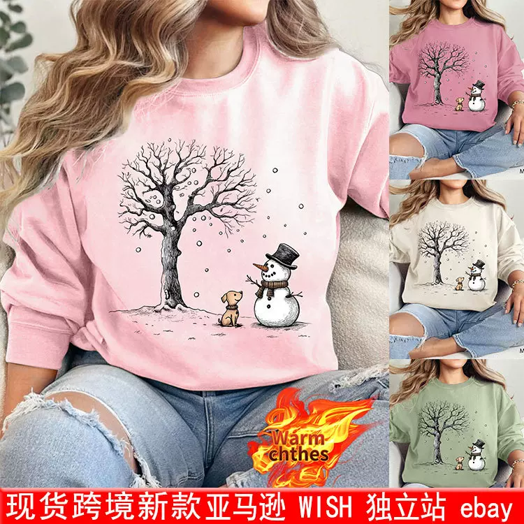 外贸冬季保暖女装现货亚马逊雪人小狗树印花TEMU圆领抓绒卫衣