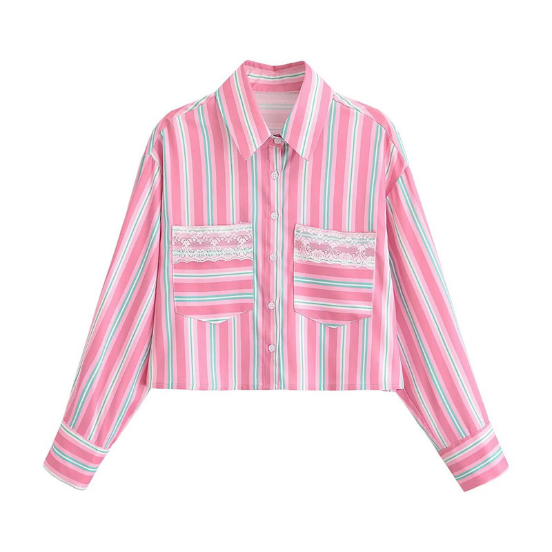 2026 Spring and Autumn New European and American Style Women's Fashion Lace Detail Casual Short Striped Shirt Pink Long Sleeve 2026 Spring and Autumn New European and American Style Women's Fashion Lace Detail Casual Short Striped Shirt Pink Long Sleeve