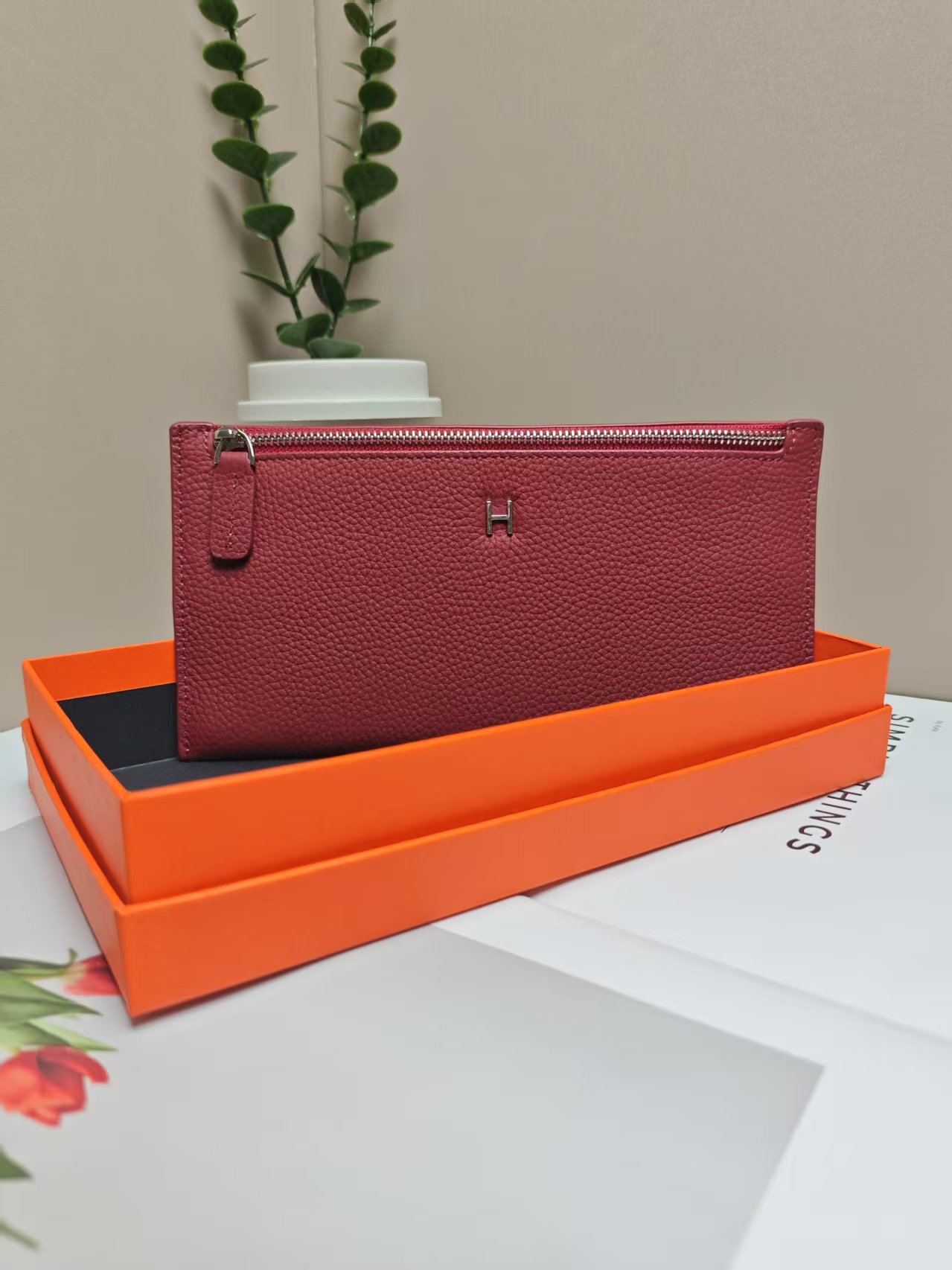 Red wallet, box, genuine leather