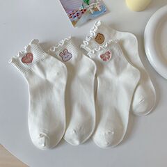 Wholesale Cute Pure White Rolled Edge Embroidered Academic Style Girl Socks for Spring and Summer, Combed Cotton Solid Color Knee-High Socks