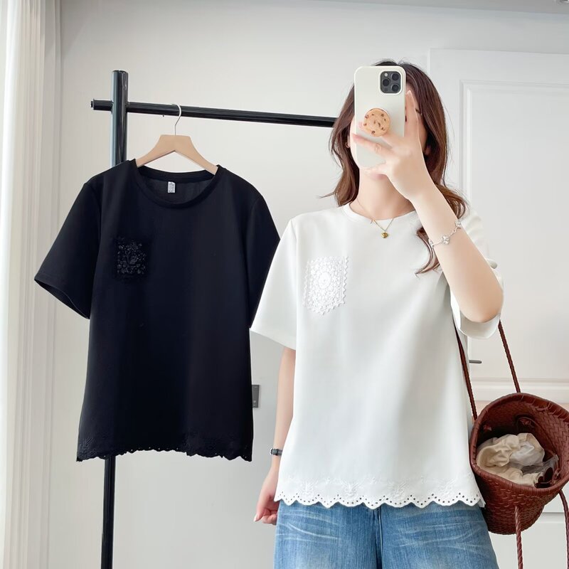 Plus-Size Designer Lace Hollow-Out Short-Sleeve T-Shirt for Women, 2026 Summer New Fashion Pullover Top for Stylish Plus-Size Women