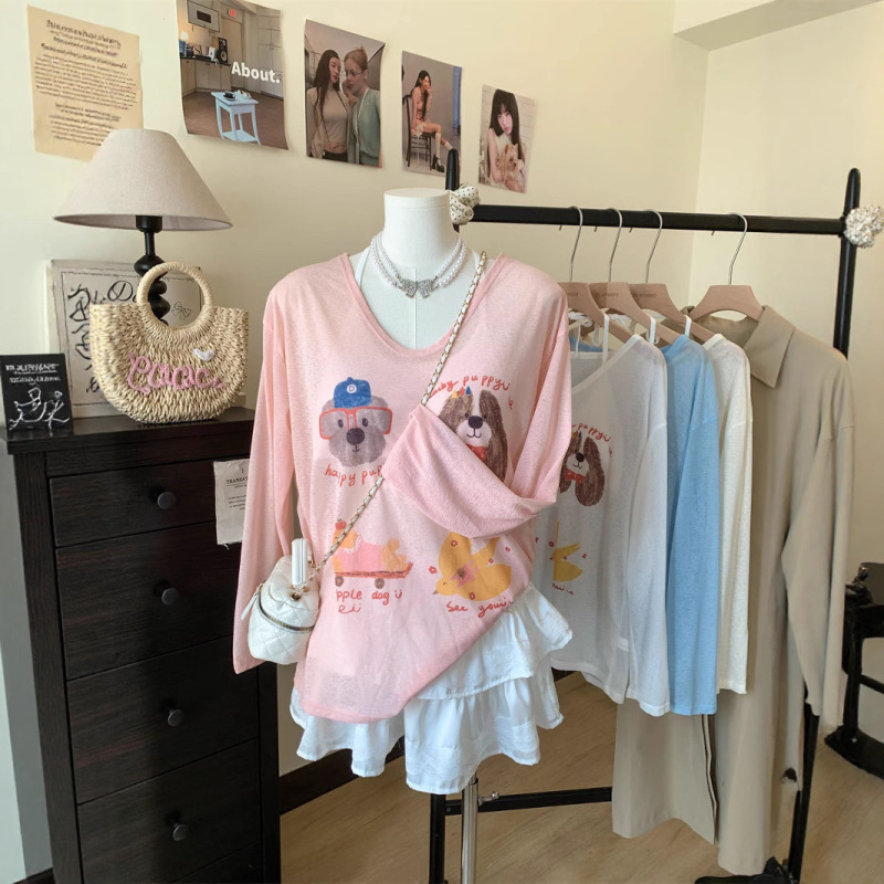 新しい女性用日焼け止め服、夏の年齢軽減漫画プリント長袖Tシャツ、女性用のゆったりとした甘いスタイルのVネック日焼け止めブラウストップ|undefined