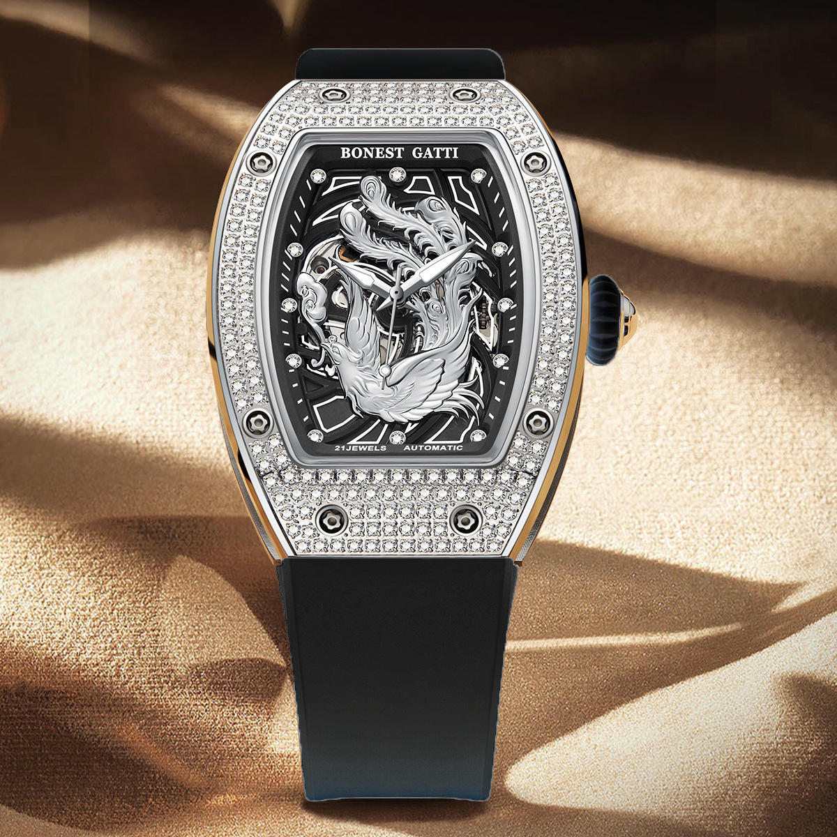 Bugatti Brand Watch for Women, Diamond-Encrusted, Elegant, Niche, Waterproof, Fully Automatic Barrel-Shaped Mechanical Watch