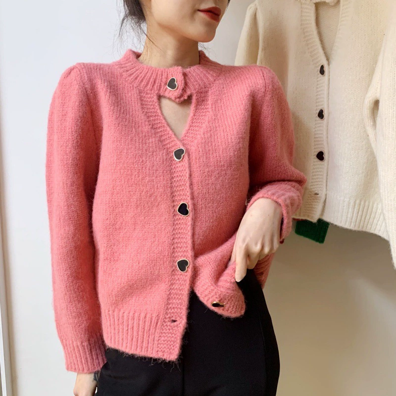 Корейский шикарный милый возрастной вязаный кардиган с пуговицами в форме сердца и пуговицами для женщин, свитер с пышными рукавами