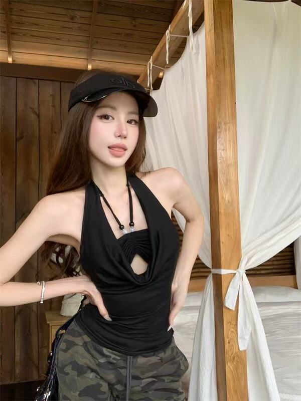 爱依轩 纯欲风褶皱荡领挂脖吊带背心女新款法式气质收腰无袖上衣|undefined