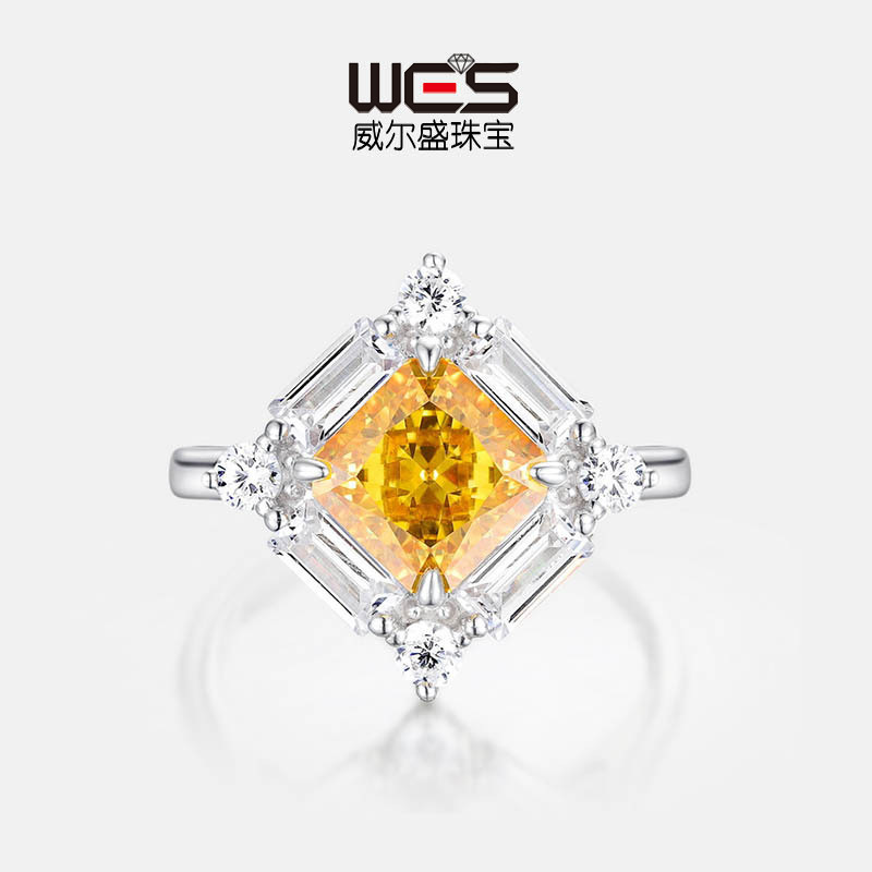 Wilsheng S925 plata de alto carbono anillo de diamantes hembra 3.8CT diamante artificial amarillo cuadrado anillo de lujo moda simple