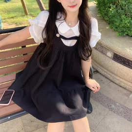 2025学院风小个子穿搭夏季新款宽松假两件娃娃领设计感黑色连衣裙