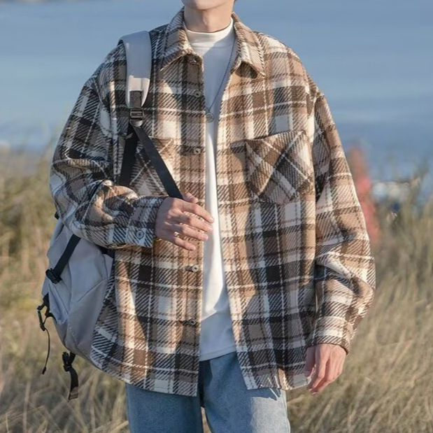 Woolen Plaid Lapel Coat Men's Hong Kong-style cityboy Shirt Jacket Spring and Autumn Loose All-match Juvenile Sense Shirt