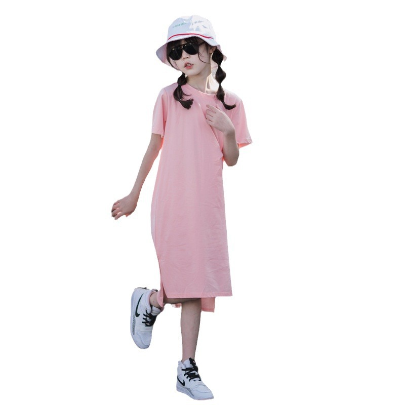 2024 vestido de verano para niñas, camiseta para niños de longitud media, falda larga, falda casual japonesa de algodón puro para niñas