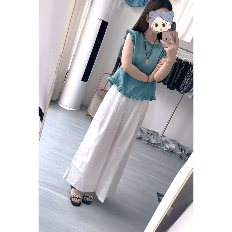 2025 夏フレンチラウンドネック小さな新鮮なパンツ気質デザイン年齢軽減多用途半袖女性のトップスワイドレッグパンツ|undefined