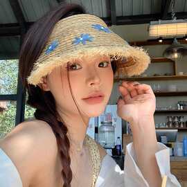 雏菊拉菲草帽女夏季海边沙滩度假草编太阳帽子户外空顶遮阳防晒帽