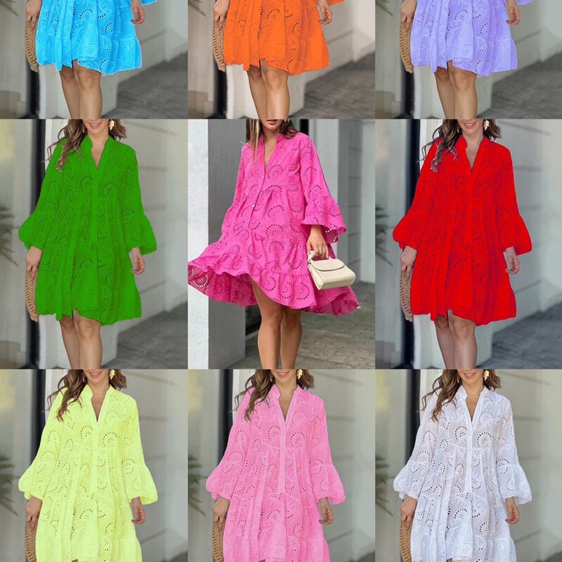 2026 European and American Cross-Border Summer and Autumn Amazon Solid Color V-Neck Loose Embroidered Hollow Lace Floral Pure Cotton Dress