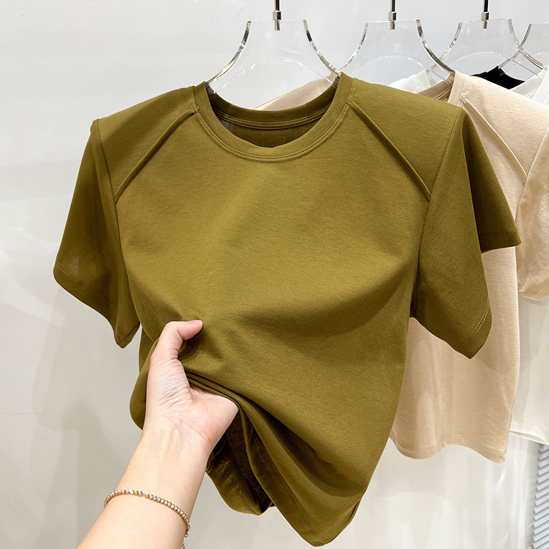 Shoulder Short-sleeved T-shirt Women's Summer Women's New Style Shoulder Pad Design Sense Fishbone Chic Loose Top Women's Trendy