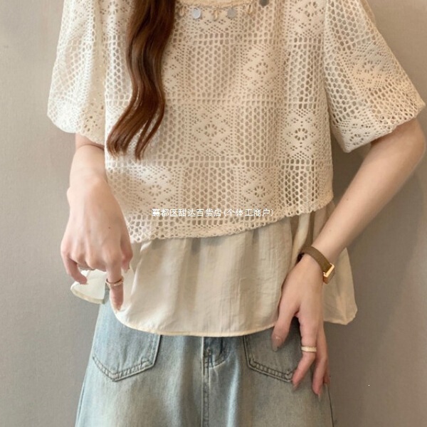 Fake Two-Piece Lace Short-Sleeved Shirt for Women, New Spring and Summer Style, Plus-Size Cute Top, Super Pretty and Attractive Blouse