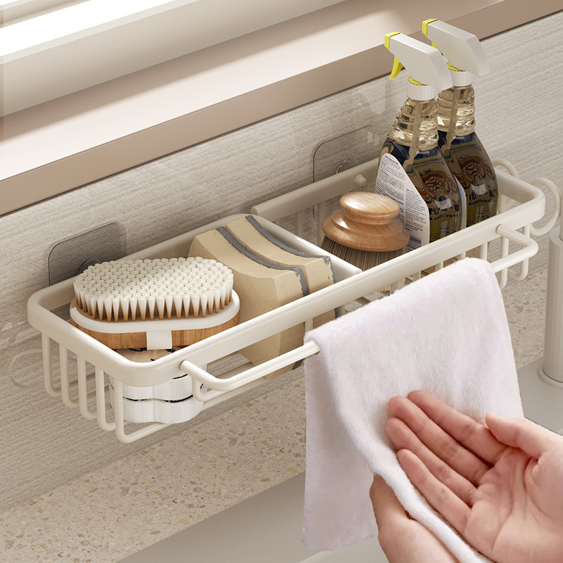 Scrub Brush Rack Kitchen Storage Shelf No-Nail Hanging Organizer Wall-Mounted Hook Multi-Function Home Drain Dish Rack
